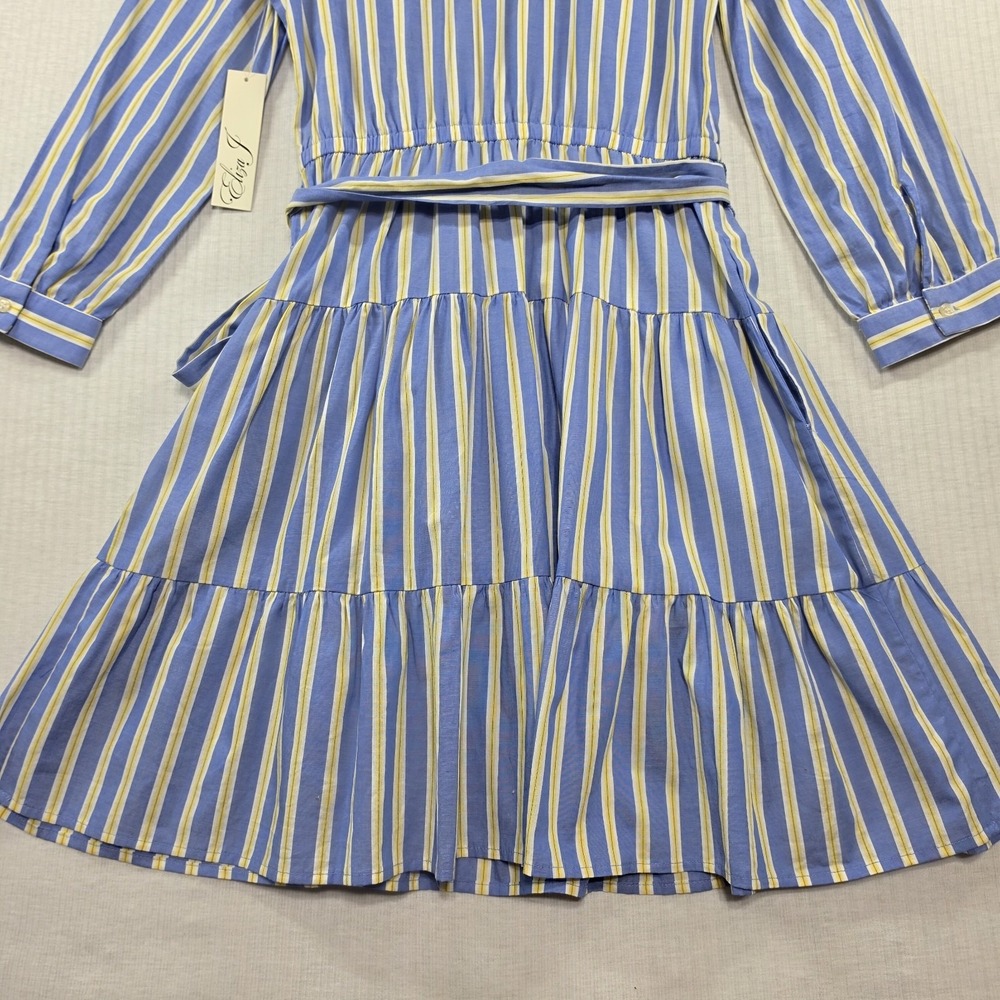 NWT Eliza J Blue Yellow Stripe Tiered Shirtdress Belt Pockets 4 Preppy Coastal - Picture 13 of 15